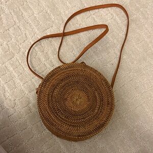 Round Woven Tan Crossbody Bag